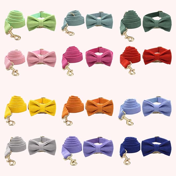 Custom Personalized Dog Collars with Pet Name/Phone Number Engraved Gold Metal Buckle - Adjustable Sizes Soft Stripe Velvet Collar for Small Medium Large Dogs - Dog Leash and Bow Tie Available