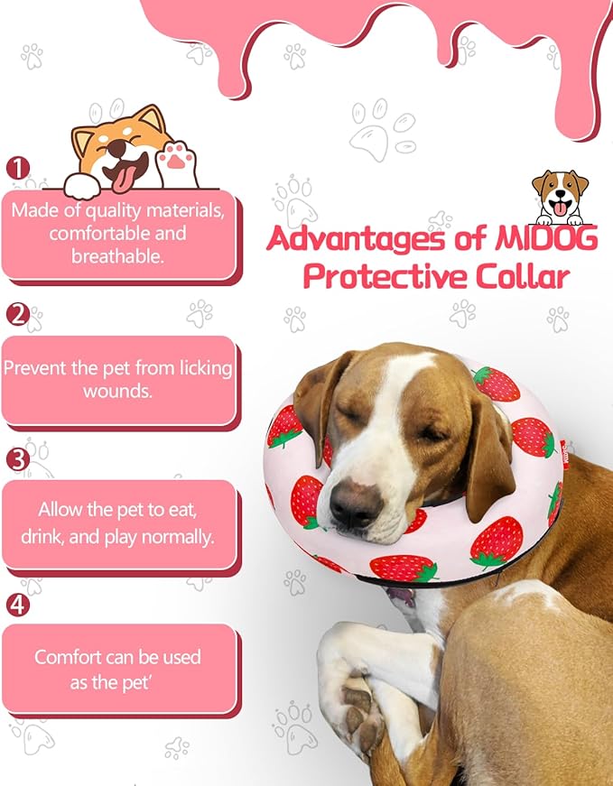 MIDOG Inflatable Dog Cone Alternative for After Surgery - Soft Protective Donut Collar Prevents Licking, Comfortable Recovery E-Collar Alternative for Small Medium Large Dogs (Strawberry,M)