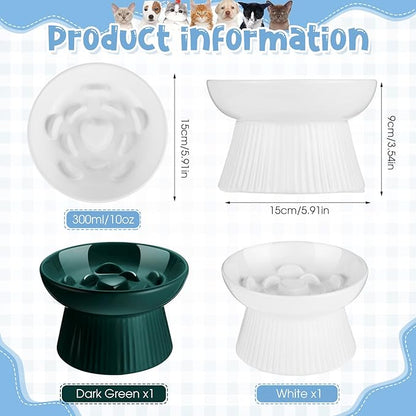 Tioncy 2 Pcs Raised Cat Slow Feeder Bowl Ceramic Elevated Cat Dog Food Bowl No Spill High Edge for Dry Wet Food and Water Easy to Clean, Dishwasher Safe(Dark Green, White)