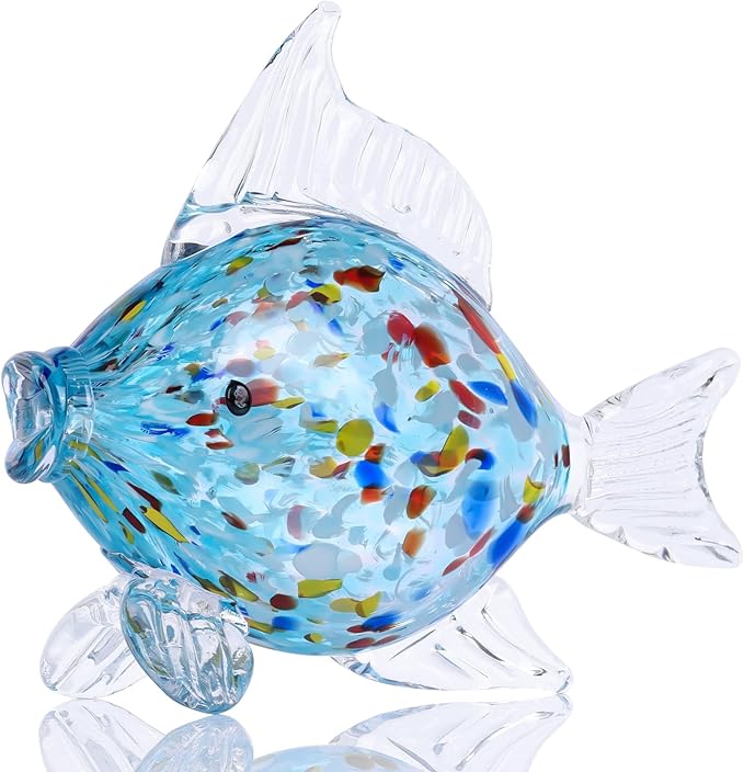 LCCCK Large Hand Blown Glass Fish Figurines, Aquarium Sea Glass Art, Fish Statue Sculpture Modern Coastal Accent - for Beach Knick Knacks, Coffee Tables, Nautical Offices Centerpiece (Aqua)