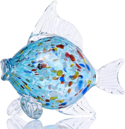 LCCCK Large Hand Blown Glass Fish Figurines, Aquarium Sea Glass Art, Fish Statue Sculpture Modern Coastal Accent - for Beach Knick Knacks, Coffee Tables, Nautical Offices Centerpiece (Aqua)
