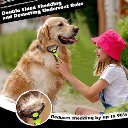 3PCS Self Cleaning Slicker Brush & Pet Grooming Rake & Bath Brush for Dogs,Cats and Horses | Double-Sided Dematting Comb & Skin Friendly Deshedding Grooming Tool (J-Green Black)