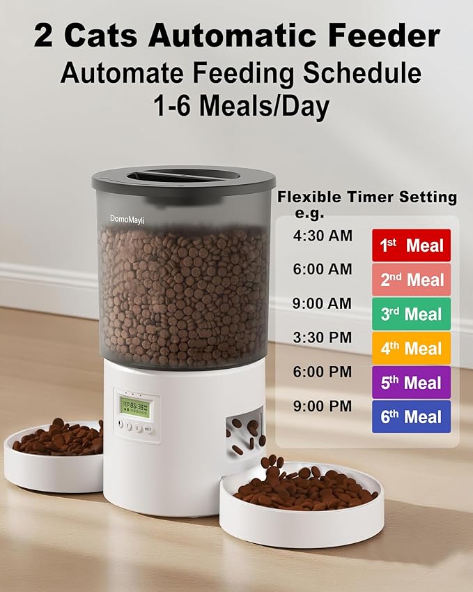 Automatic Cat Feeder for 2 Cats,Auto Dry Food Dispenser with Dual Bowls and Clear 4.2L Hopper,Programmable Portion Control,Up to 6 Meals per Day,10-Second Voice Recording,Dual Power Backup-White