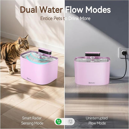 Cat Water Fountain, 122oz/3.6L Pumpless Wireless Cat Fountain, Cordless Water Fountains for Cats Indoor, Dog Pet Water Fountain Battery Operated with Stainless Steel Tray (Pink, Fountain+2 Fliters)