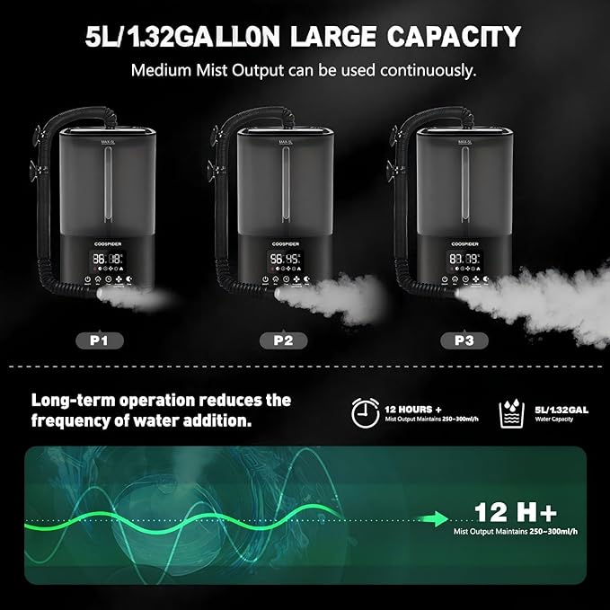 Coospider Reptile Fogger Terrariums Humidifier, Top Fill Cool Mist, Automatic Reptile Mister with Dual Hose, Timer, Humidity Control for Reptile Mister for Amphibians Herps Vivarium (5L/1.32GAL)