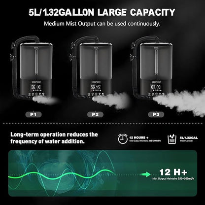 Coospider Reptile Fogger Terrariums Humidifier, Top Fill Cool Mist, Automatic Reptile Mister with Dual Hose, Timer, Humidity Control for Reptile Mister for Amphibians Herps Vivarium (5L/1.32GAL)