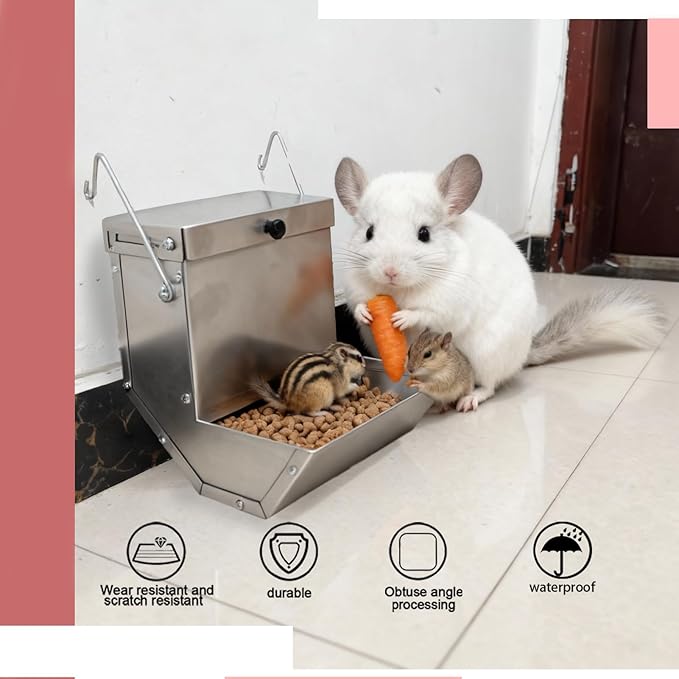 Paiaojia Rabbits Feeder 2 Pcs - Gravity Feeding for Cage Stainless Steel 4Lbs 6.2 Inch, Anti-Corrosion Durable with Sliding Lid for Pet Small Animal Indoor Outdoor Use, Holds Several Days' Food