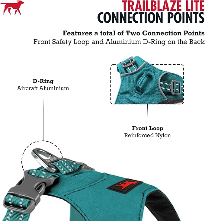 Tuff Pupper All-Day Wear Dog Harness | for Walking, Trail Running, Hiking | Front & Back Leash Clips | Reflective Trim | Easy On/Off Buckles | Lightweight Breathable | No Pull Design (XS, Teal)