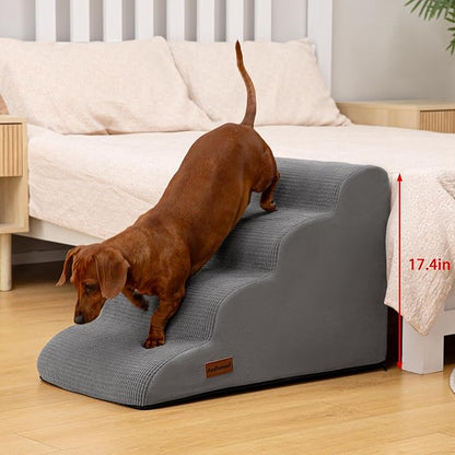 Dog Steps for Bed, 4-Step Dog Stairs Ramp for Small Dogs and Cats, Indoor Non-Slip Pet Stairs Suitable for Older, Short-Legged, and Puppy Dogs to Climb onto High Beds and Couch, 17.4" H,Grey
