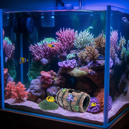 GSD Star-Fish Broken Barrel Decor Resin Betta Tank Accessories Ornaments for Cave Hide Decorations, Broken Barrel x 1pc, Blue Star Fish Ornaments x 2pcs