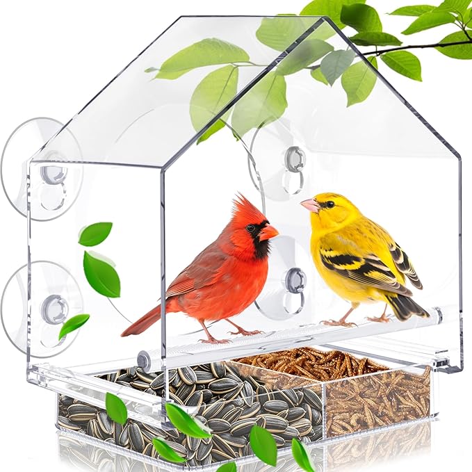 Window Bird Feeder with 4 Extra Strong Suction Cups,Clear Birdhouse Window for Outdoors, Transparent Birdfeeder for Viewing Wild Bird Outside, Birds Watching Gift for Elderly,Kids, and Garden Decor