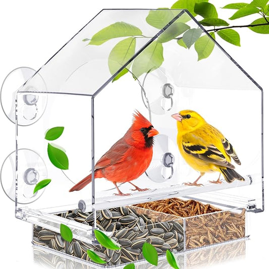 Window Bird Feeder with 4 Extra Strong Suction Cups,Clear Birdhouse Window for Outdoors, Transparent Birdfeeder for Viewing Wild Bird Outside, Birds Watching Gift for Elderly,Kids, and Garden Decor