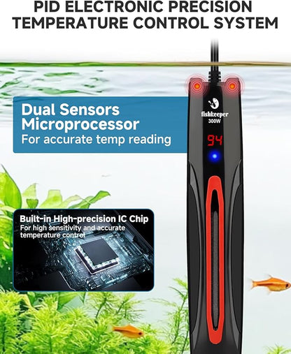 fishkeeper 300W/500W/800W Adjustable Submersible Aquarium Heater - PID Electronic Smart Thermostat Fish Tank Heater with Out-of-Water/Run-Dry/Overheat/Low-Temp Protection for 40-220 Gal Fish Tanks