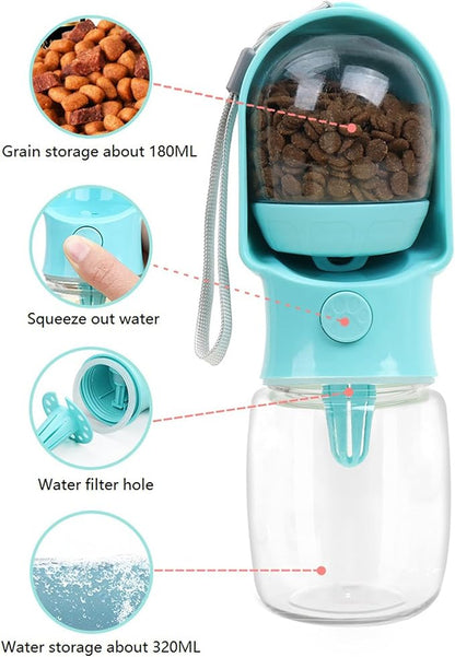Portable Pet Water Bottle with 180ML Food Storage - Large Size Leakproof Dog Water Bottle for Walking, Travel & Outdoor Use - Cats & Dogs Universal (Pink, 320ML)