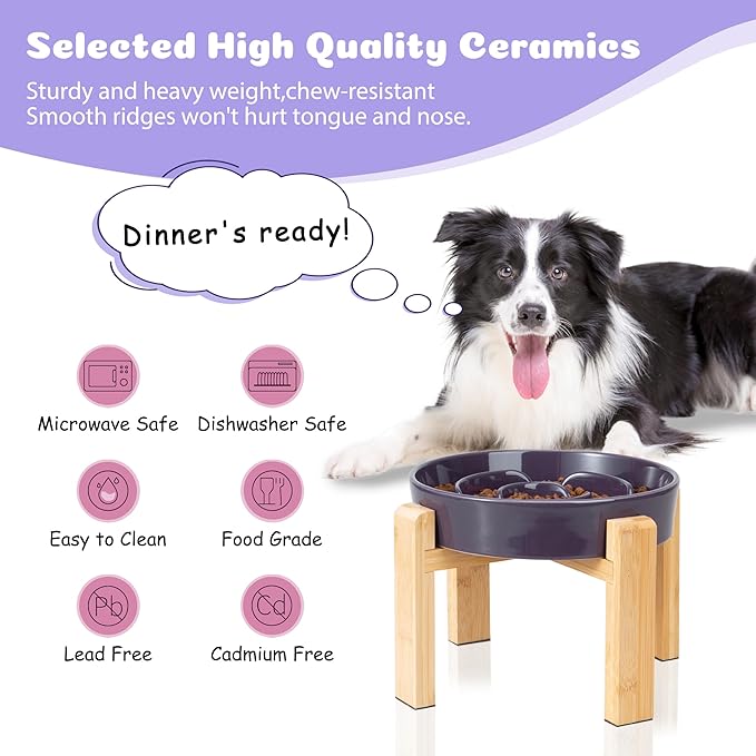 Elevated Slow Feeder Dog Bowl - Puzzle Maze Dish with Bamboo Stand - Raised Ceramic Food Bowl for Medium and Large Dogs - 8.8 Inch - Purple