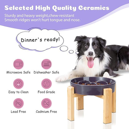 Elevated Slow Feeder Dog Bowl - Puzzle Maze Dish with Bamboo Stand - Raised Ceramic Food Bowl for Medium and Large Dogs - 8.8 Inch - Purple