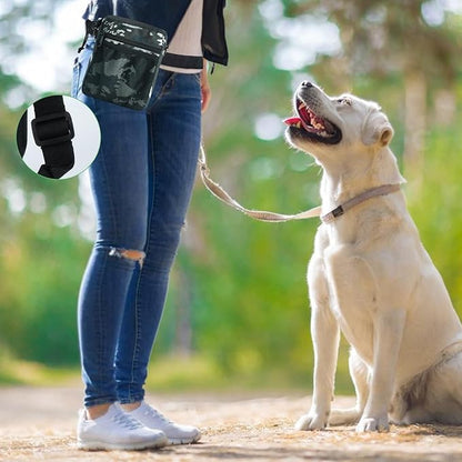 Dog Treat Pouch - 3 Ways to Wear Treat Pouches for Pet Training and 2 Pieces Clicker Taining for Dogs, Dog Training Treat Pouch Bag and Dog Clicker for Training with Waist Belt Shoulder Strap - Camo