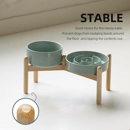 Ceramic 1.2 Cup Raised Slow Feeder Dog Bowl Set, Elevated 6.1inch Bowl and 7.3inch Puzzle Slow Food Dish with Wooden Stand for Medium and Small Dog, Anti-Gulping (2 x Light Green+ Stand)