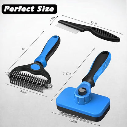 3PCS Self Cleaning Slicker Brush & Pet Grooming Rake & Bath Brush for Dogs and Cats | Double-Sided Dematting Pet Comb & Skin Friendly Deshedding Grooming Tool | Premium Pet Supplies (Blue Black)