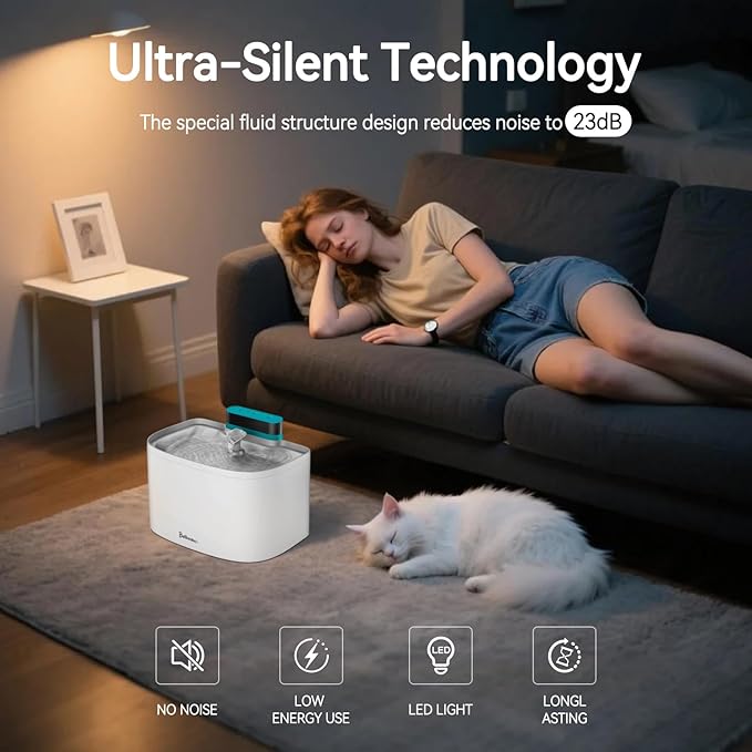 Cat Water Fountain, App Control Wireless Cat Fountain, 122oz/3.6L Pumpless Water Fountains for Cats Indoor with Stainless Steel Tray, Wi-Fi Dog and Pet Water Fountain (White, Fountain+8 Fliters)