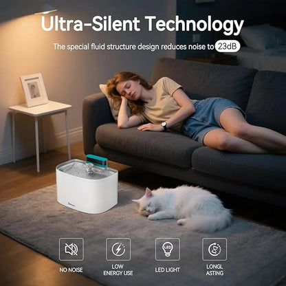 Cat Water Fountain, App Control Wireless Cat Fountain, 122oz/3.6L Pumpless Water Fountains for Cats Indoor with Stainless Steel Tray, Wi-Fi Dog and Pet Water Fountain (White, Fountain+8 Fliters)