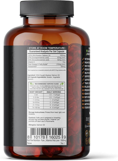 Best Paw Nutrition Pure Wild Alaskan Salmon Oil for Dogs & Cats Allergy, Dry Itchy Skin, Hotspots, & Joint Pain Relief 1000mg Softgels