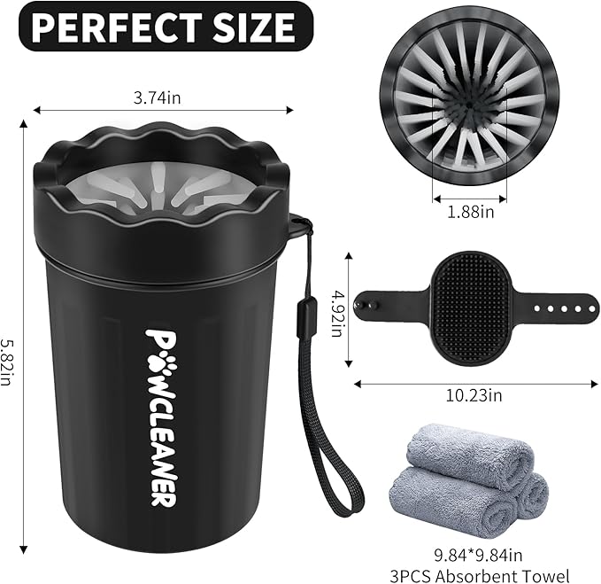 Professional 7 in 1 Dog Paw Cleaner for Dogs & Cats - Includes 1 Portable Paw Washer, 1 Bath Brush, 2 Dog Toothbrushes and 3 Absorbent Towels Note: Fits Paws 1.5 to 2.5 Inches Wide (Medium, Black)