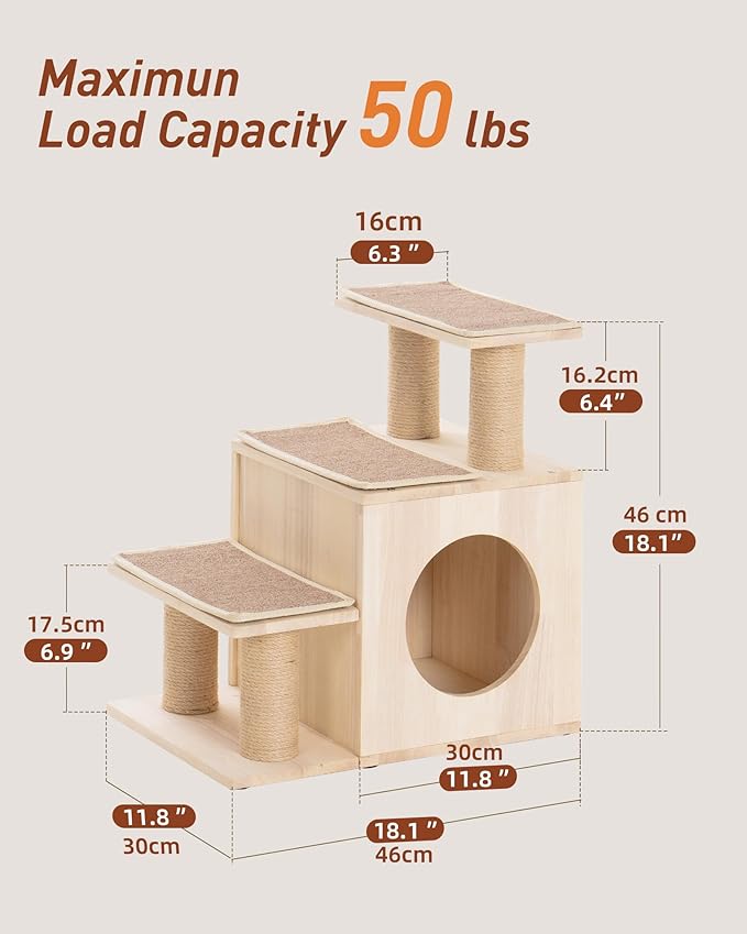 3-in-1 Pet Stairs for Cats, 6.3" Depth Pet Steps for Cat, Wood Cat Stairs for High Bed and Sofa, 1 Condo Cave, Scratching Post, Sturdy Indoor Pet Stairs with Non-Slip Carpet Pads