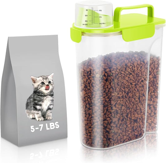 5-7Lbs Cat Dog Storage Container, Portable Pet Food Containers with Upgraded Large Spout and Cup, Small Animal Kibble Dispenser for Bird Seed, Oatmeal, Rice, Flour (1, Bright Green, 5L)