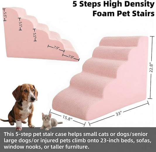 5 Step Pet Stairs Ramp for High Beds Sofas 23-30 Inch with Sturdy Non Slip Waterproof Pads, Machine Washable Cover Indoor Balanced Design for Cats Dogs Small Medium Large XL Pets Pink, Large