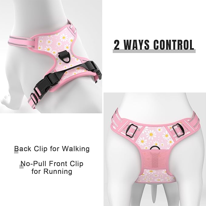 Rnivvi No Pull Dog Harness, Cute Flower Reflective Medium Sized Puppy Harness, Adjustable Soft Padded Vest for Medium Dogs, Heavy Duty Pet Vest with Easy Control Handle for Walking, Pink Floral
