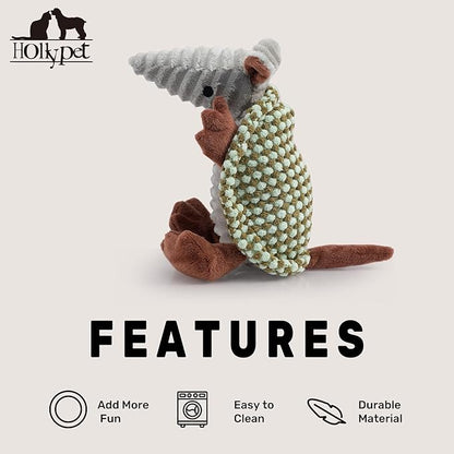 Hollypet Plush Dog Squeaky Toy Stuffed Armadillo Animal Pet Puppy Chew Toys with Clean Teeth for Small Medium Large All Breed Sizes Dogs, Light Green and Olive Drab,8 in
