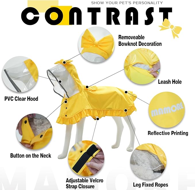 MAMORE Dog Raincoats, Waterproof Dog Rain Jacket with Clear Hood, Adjustable Reflective Lightweight Breathable Pet Rain Poncho for Small Medium Large Dogs(Yellow, Small)