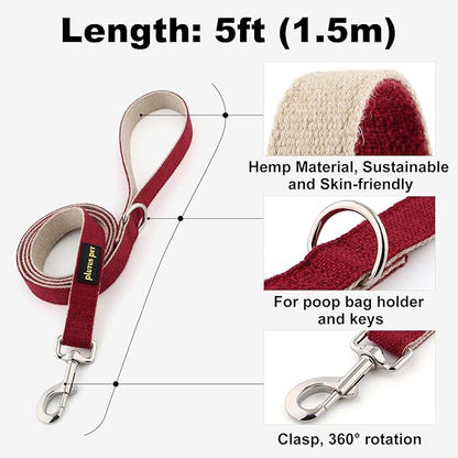 Plutus Pet Cotton Hemp Dog Collar and Leash Set, Adjustable Collar for Small, Medium, and Large Dogs, Heavy Duty and Soft on Skin, Red, L