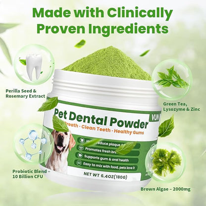 Dental Powder for Dogs Teeth Cleaning Powder Probiotic Dental Care Supplement for Pet Dog,with Brown Algae, Plaque Tartar Remover, Fresh Breath, Sensitive Stomach Support, No Brush