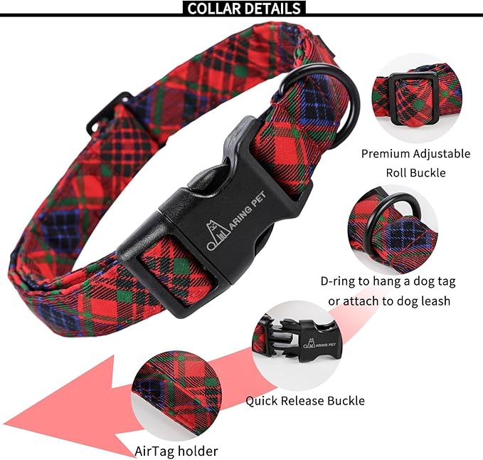 ARING PET Christmas Dog Collar, Cute Red Green Black Purple Plaid Pet Collars with Quick Release Buckle for Puppy Small Medium Large Boy Girl Dogs-XS