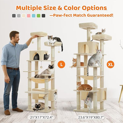 PAWZ Road Large Cat Tree, 72 Inches Cat Tower for Large Cats, Cat Condo with Sisal-Covered Scratching Posts and Pads, 2 Padded Perch, Dual Condo and Basket for Indoor Cats-Beige