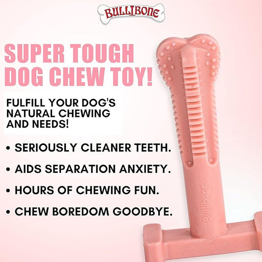 Bullibone SuperBrush: Dog Teeth Cleaning Brushing Toothbrush Stick - Long Lasting Nylon Pink Peppermint Chew Toy for Oral Care and Dental Health