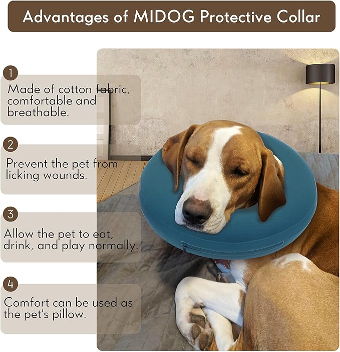 MIDOG Dog Cone - Inflatable Soft Donut Collar Alternative for Dogs After Surgery, Protective Recovery Collar Prevents Licking, Comfortable E-Collar Alternative for Small Medium Large Dogs (Blue, M+)