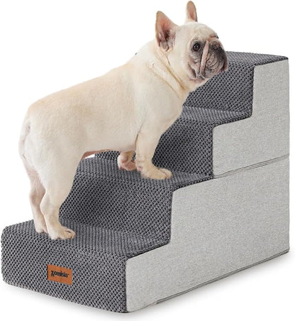 Dog Stairs for Small Dogs - Pet Stairs 2 in 1 with Zippers Suitable for Couch and Bed, 35D Foam Dog Steps with Non Slip Bottom Grey 4 Steps, Grey
