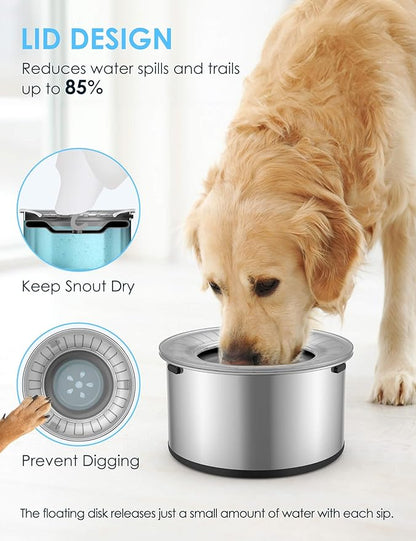 1 Gallon Large Dog Water Bowl No Spill,【Anti Digging Lid & Rubber Bottom】 Spill Proof Dog Bowl, Anti Splash Mess Dripless Slow Drinking Stainless Steel Water for Sloppy Messy Drinkers Car