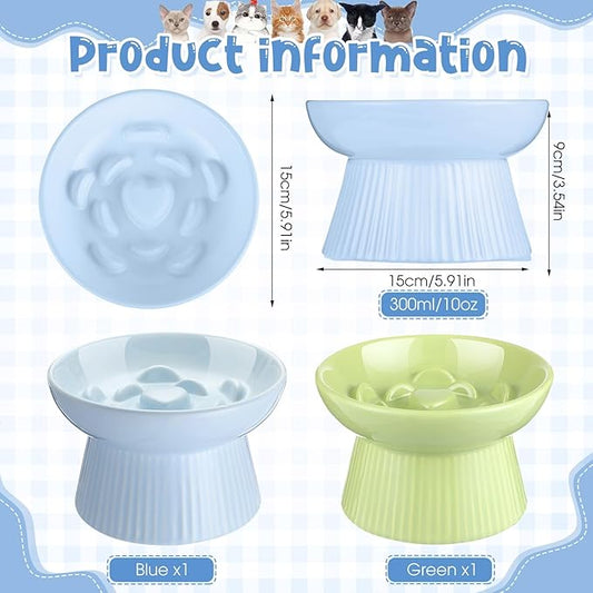 Tioncy 2 Pcs Raised Cat Slow Feeder Bowl Ceramic Elevated Cat Dog Food Bowl No Spill High Edge for Dry Wet Food and Water Easy to Clean, Dishwasher Safe(Green, Blue)