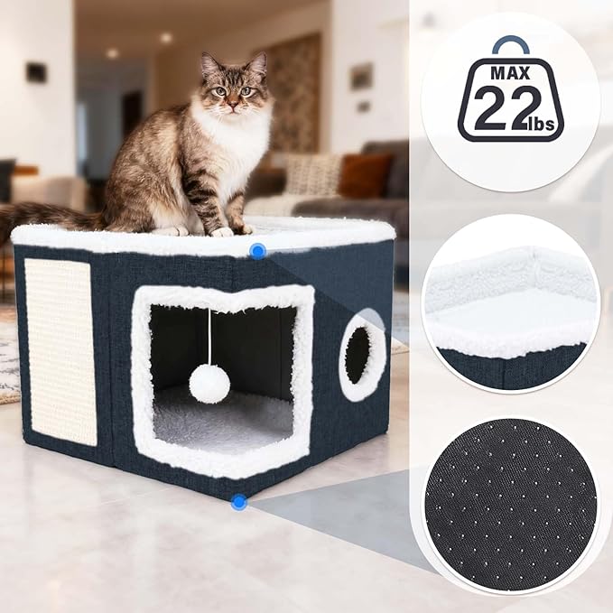 Cat Beds for Indoor Cats,Cat Cave,Cat Scratch House,Foldable Cat Cave Bed for Large and Small Pets,Fluffy Ball and Scratch Pad,16.14x16.14x12.2in,Navy Blue