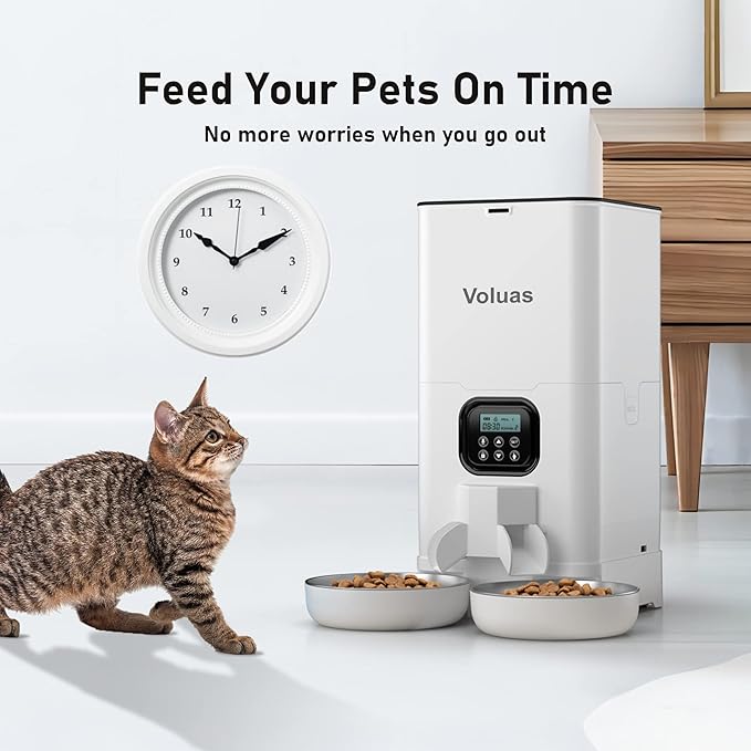 Voluas Automatic Cat Feeder for Two Cats, Double Pet Feeder with 2 Stainless Steel Bowls,6L Timed Cat Feeders with Memory Function
