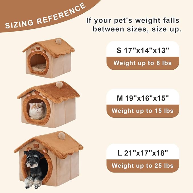 JIUPETY Dog House Dog Bed with Cover Cave with Non-Slip Bottom, M Size Tent Bed Up to 15 Lbs Cat and Puppy, Brown