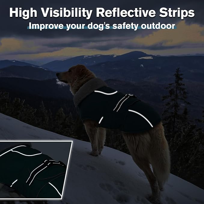 Lelepet Warm Dog Coats for Large Dogs Waterproof Dog Winter Jacket Reflective Pet Fleece Vest Windproof Cold Weather Coats with Adjustable Buckle & Leash Hole, Dark Green, XL