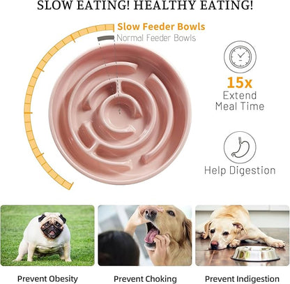 Ceramic Slow Feeder Dog Bowl,1.5 Cups Pet Slow Feeder for Small and Medium Breed,Puzzle Dog Food Dish,Anti-Gulping,Stop Bloat,Preventing Choking(Pink)