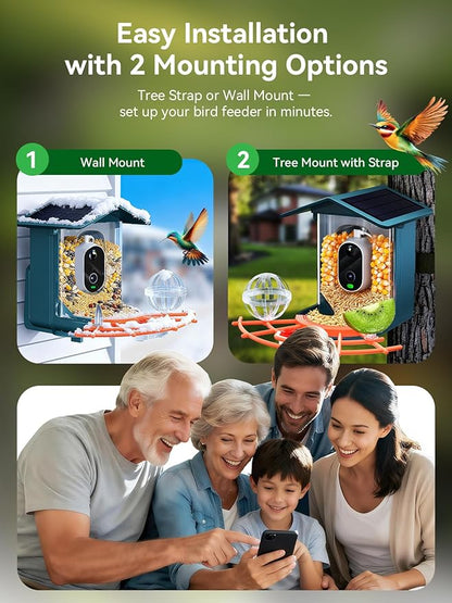 outinput 2.5K Smart Bird Feeder with Camera Solar Powered, AI Bird Species Identification, Squirrel Proof, Real-Time Video Notifications, Weatherproof, Ideal Gift for Family and BirdLovers, Navy Blue