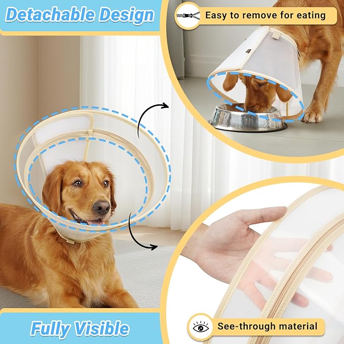 Dog Cone to Stop Licking, Clear Recovery Collar with Detachable Zipper, Sturdy Elizabethan Collar for Large Medium Small Dogs, Soft Adjustable Cone After Surgery Patented, Khaki XXL
