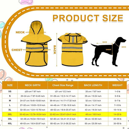 Dog Raincoat, Dog Rain Jacket Waterproof Jacket Reflective Adjustable Hooded Pet Rain Coat with Leash Hole, (Yellow, 2XL), Intended for Large Medium Small Puppies